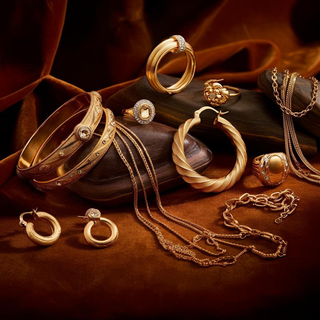 A collection of elegant gold jewelry pieces showcasing timeless designs.