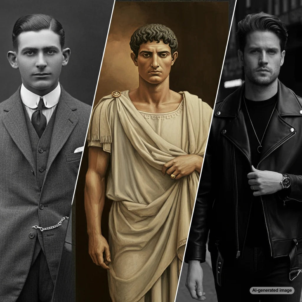 A curated collection of men's jewelry showcasing the evolution of styles over time.
