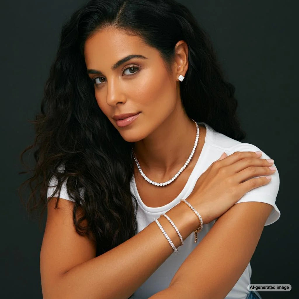 Assorted statement jewelry pieces including cuff bracelets, hoop earrings, statement necklaces, cocktail rings, and chandelier earrings.