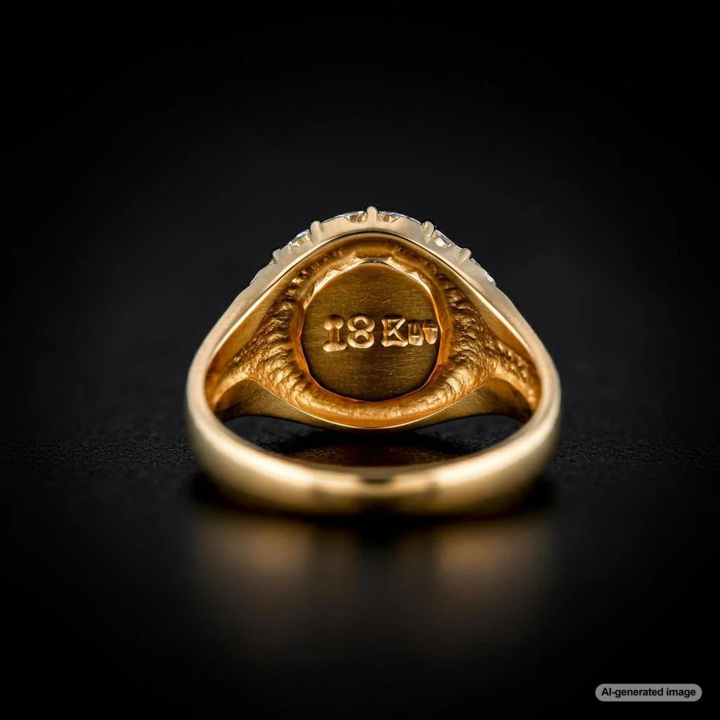 Close-up of jewelry hallmarks on a gold ring