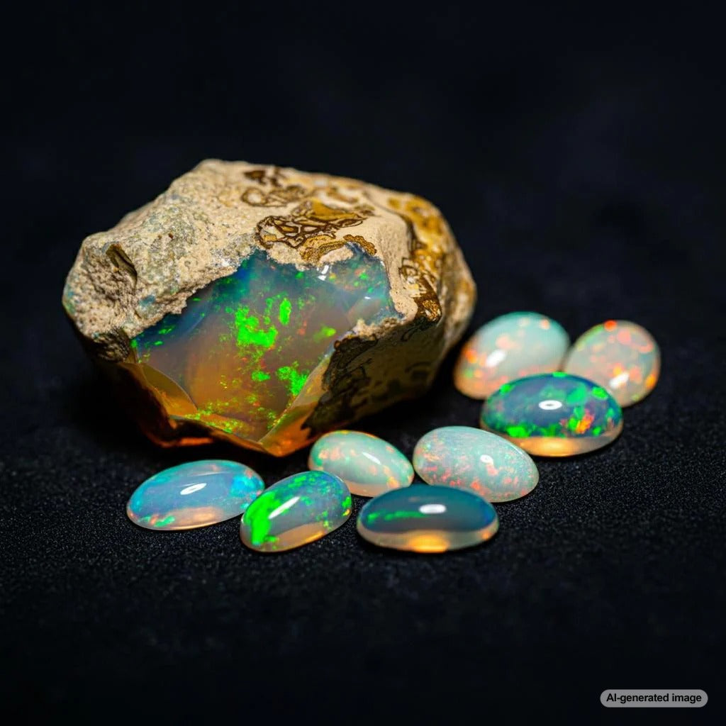 Various colors of opal gemstones displaying unique play-of-color effects
