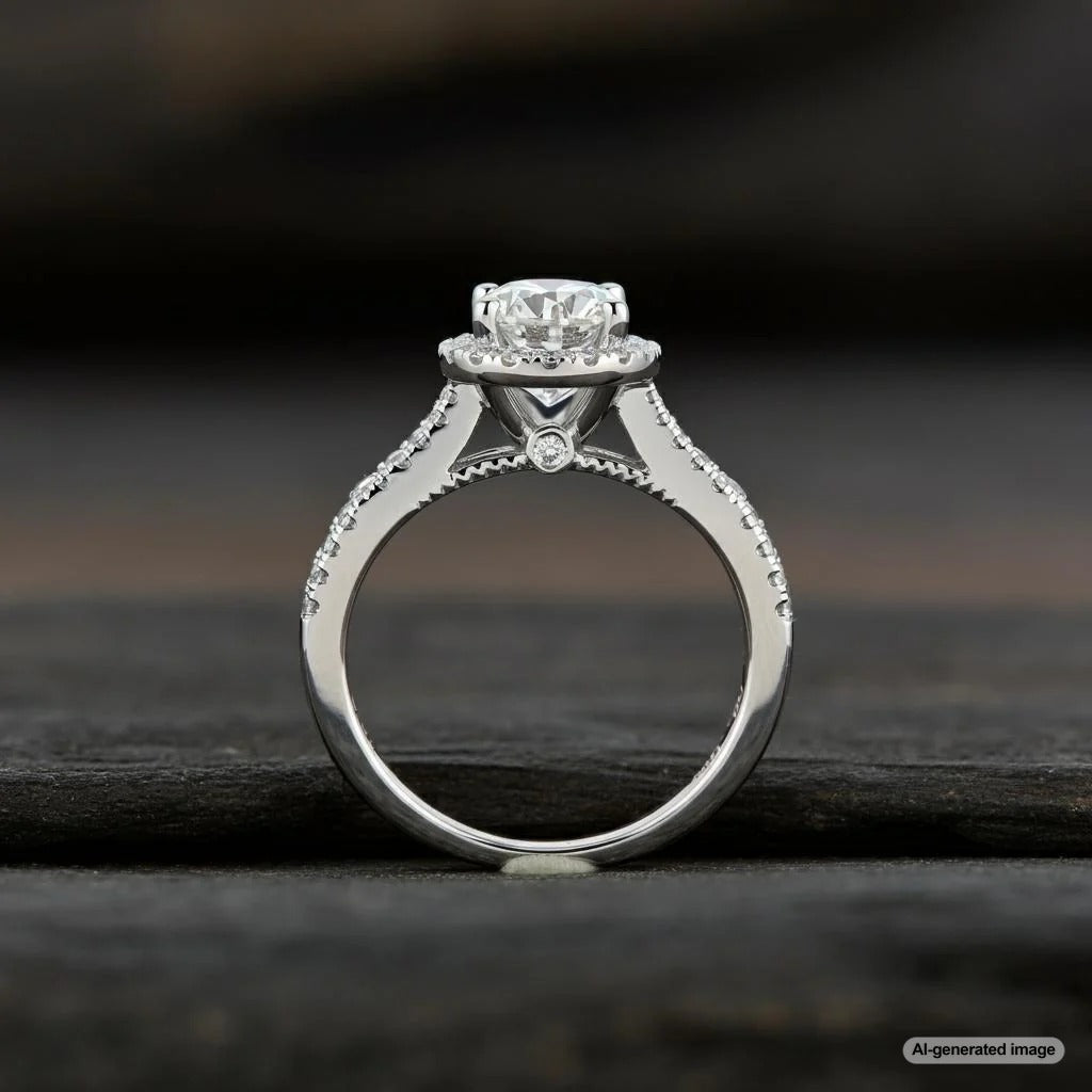 Illustration of different parts of a ring including center stone, shank, and setting