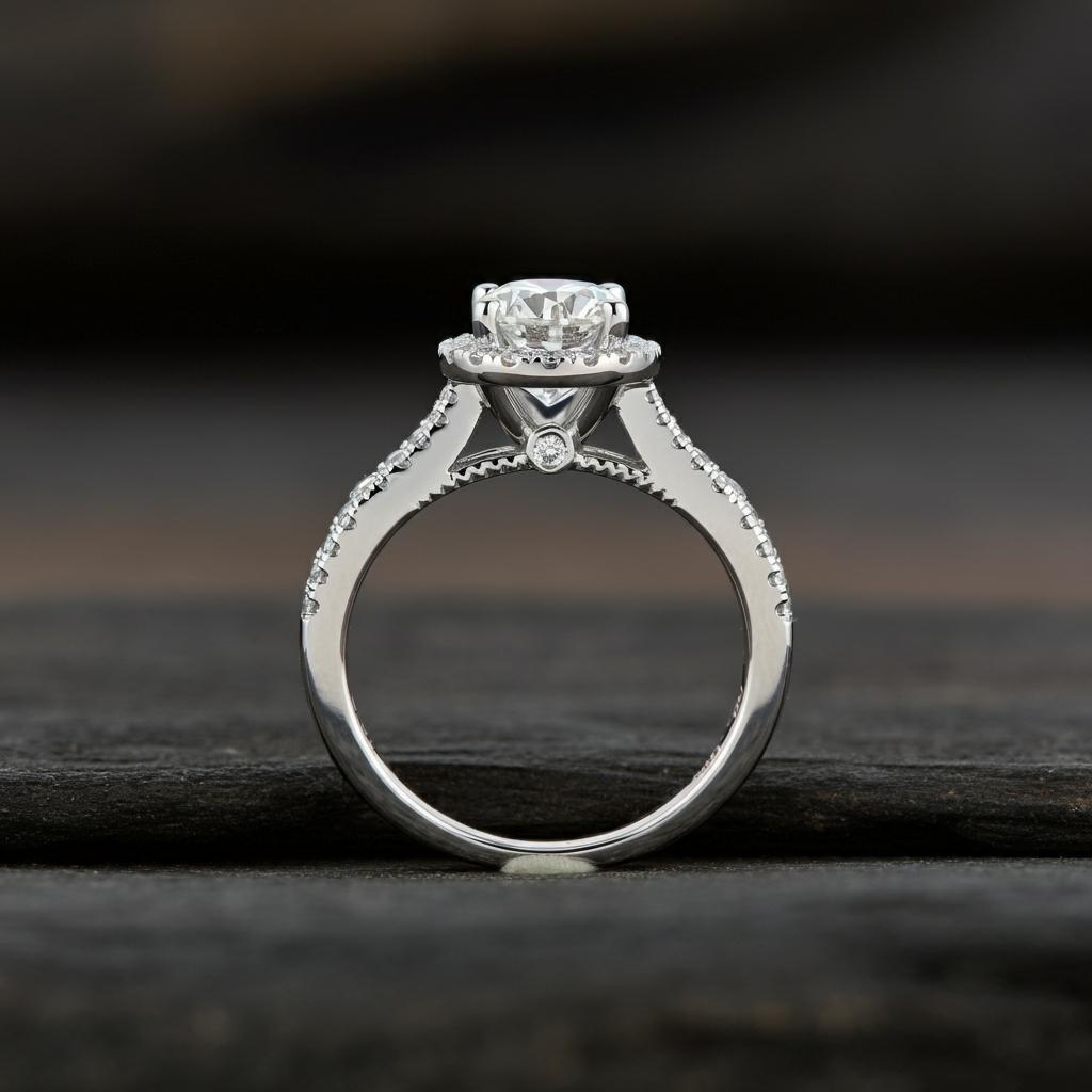 Illustration of different parts of a ring including center stone, shank, and setting