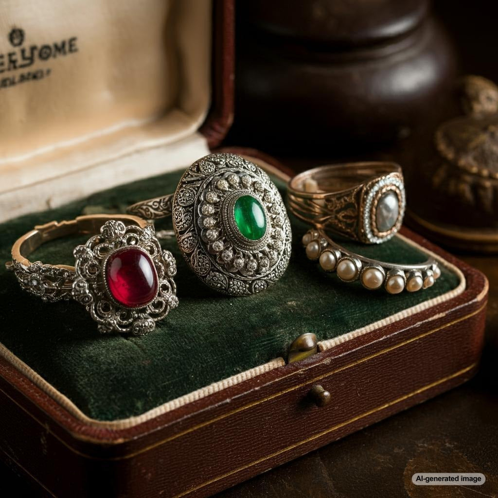A collection of inherited jewelry pieces including rings, necklaces, and bracelets.