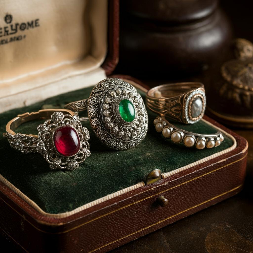A collection of inherited jewelry pieces including rings, necklaces, and bracelets.