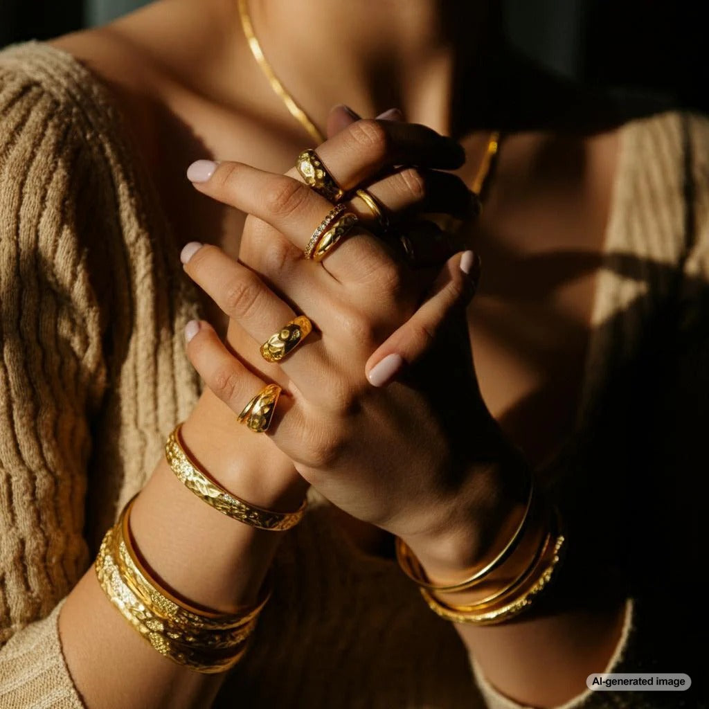 Yellow gold bracelet and ring set, showcasing the rich golden hues that make yellow gold the most popular choice in 2024.