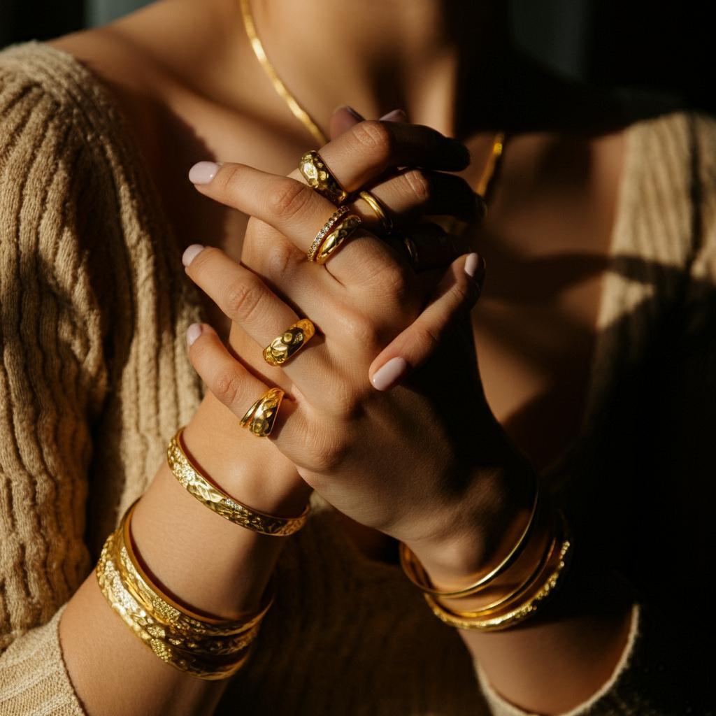 Yellow gold bracelet and ring set, showcasing the rich golden hues that make yellow gold the most popular choice in 2024.
