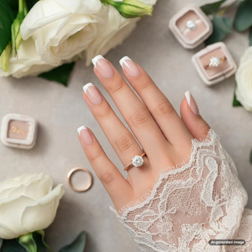 Bride's hands showcasing elegant nail polish and jewelry
