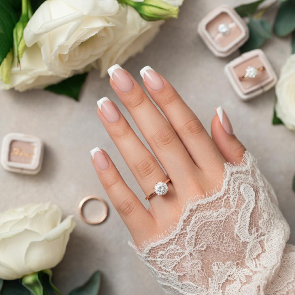 Bride's hands showcasing elegant nail polish and jewelry