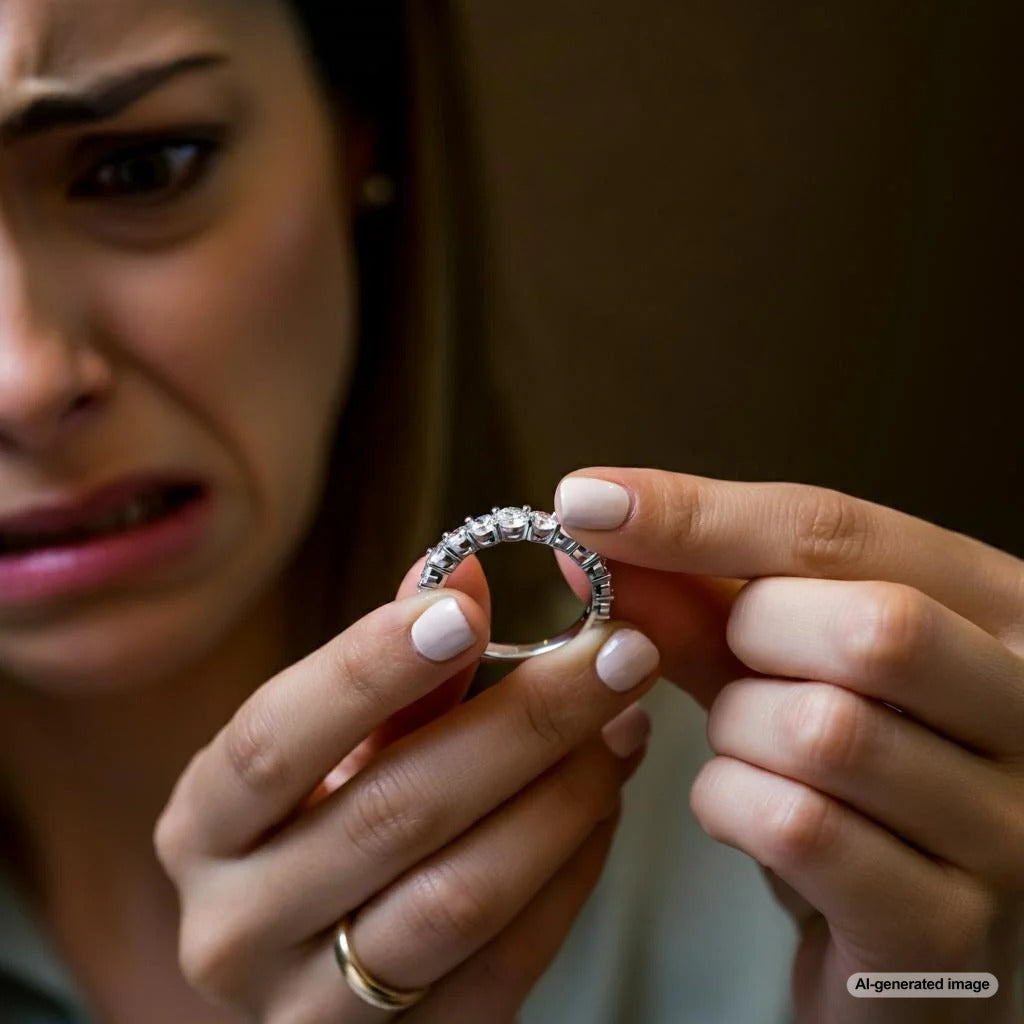 A diamond missing from a ring with a jeweler's tools in the background.