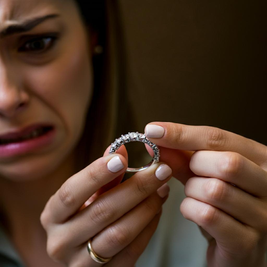A diamond missing from a ring with a jeweler's tools in the background.