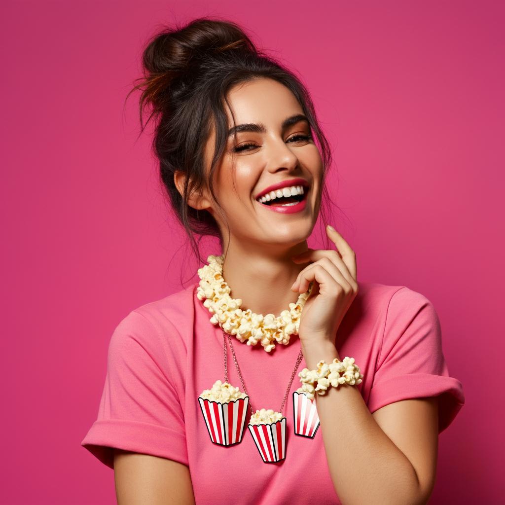 Woman wearing a gold popcorn bracelet and necklace
