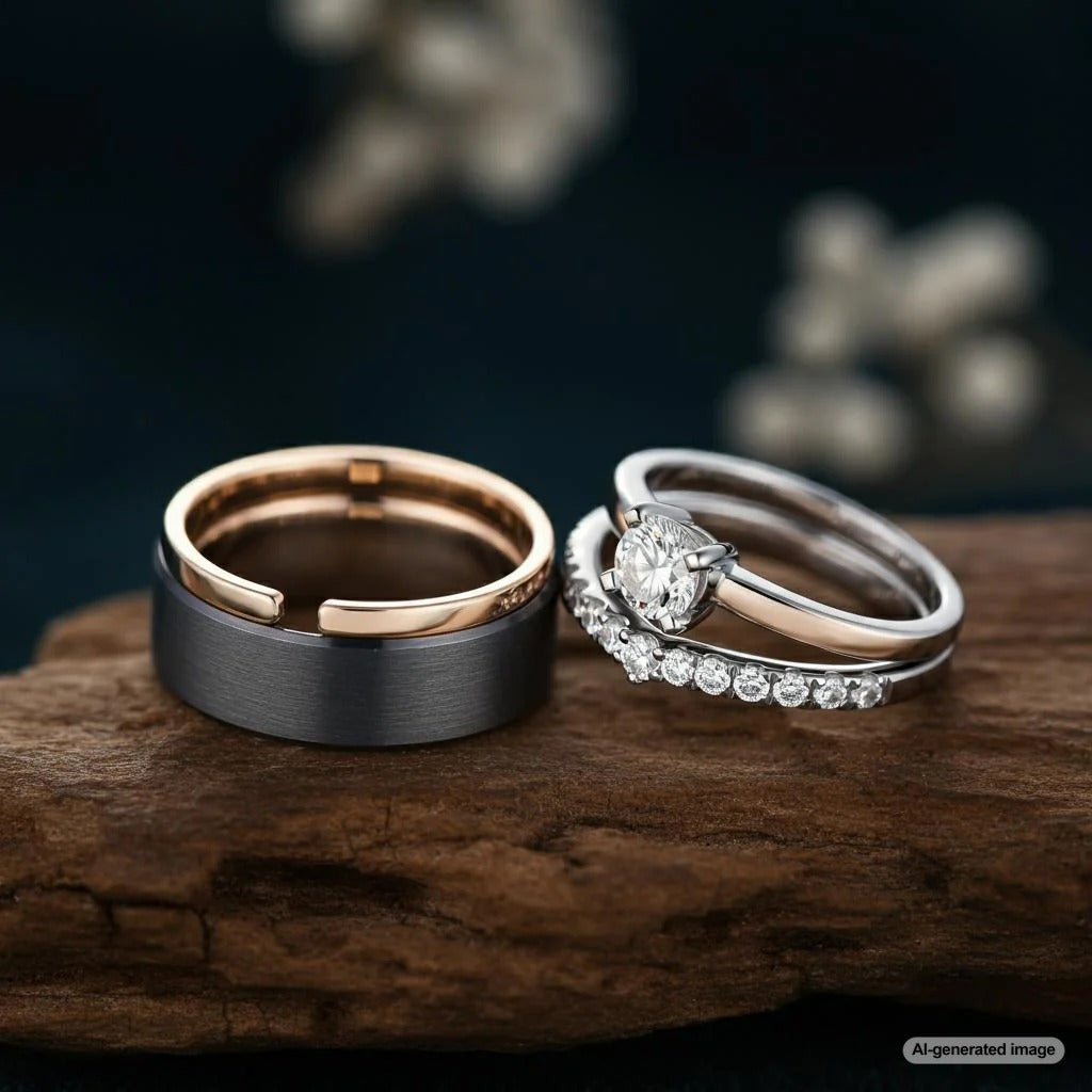 Buffer band placed between engagement ring and wedding band