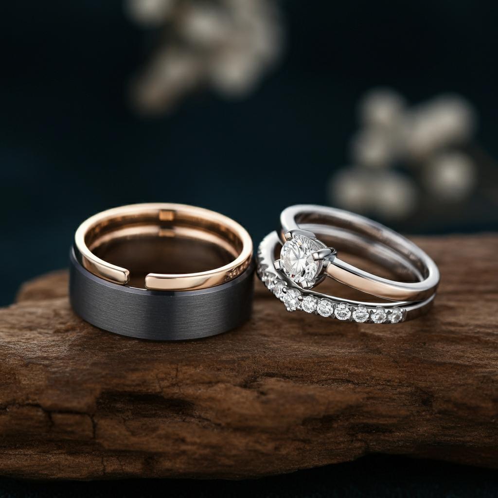 Buffer band placed between engagement ring and wedding band