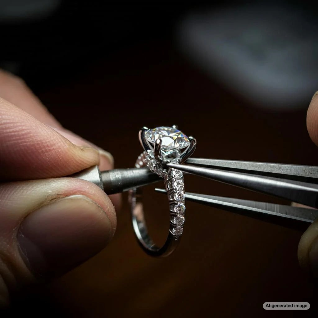 A remounted diamond ring, showing the transformation from old to new setting.