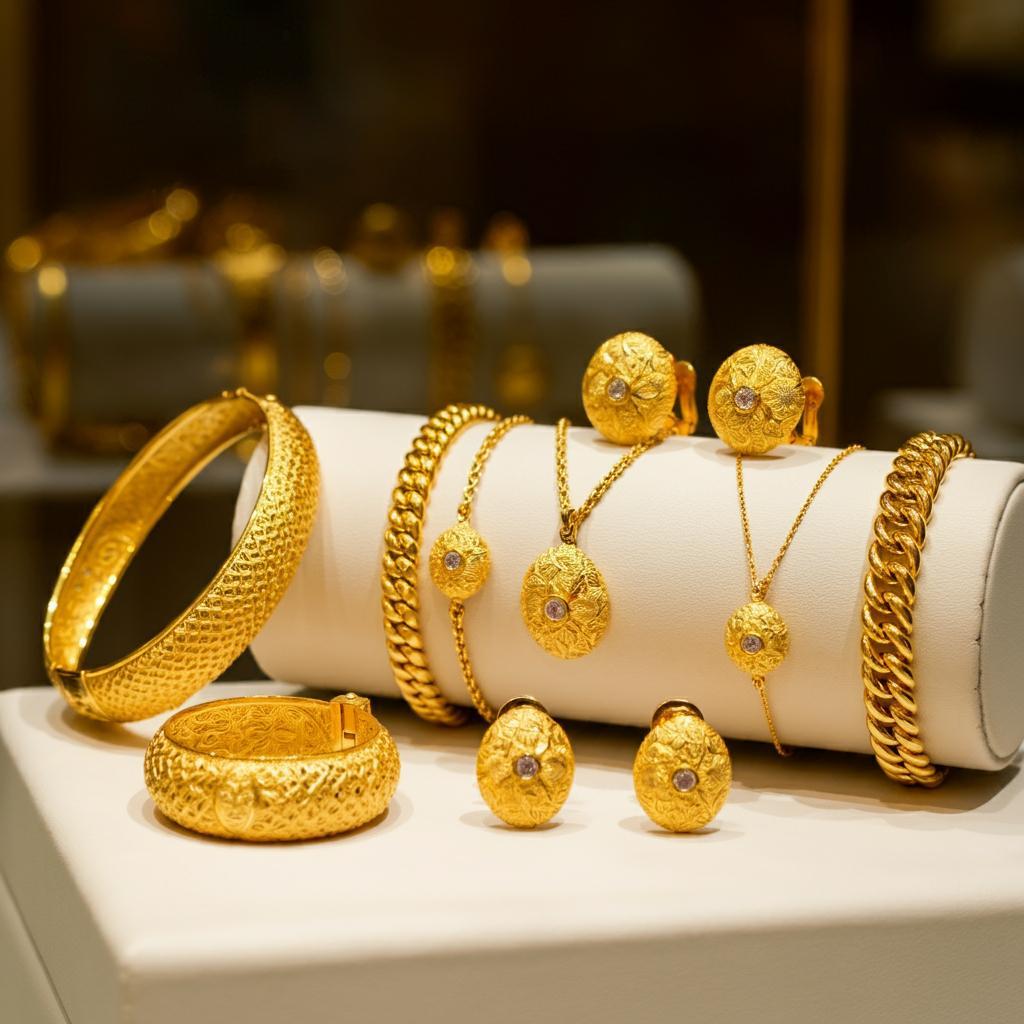 Various gold jewelry pieces showcasing different karats