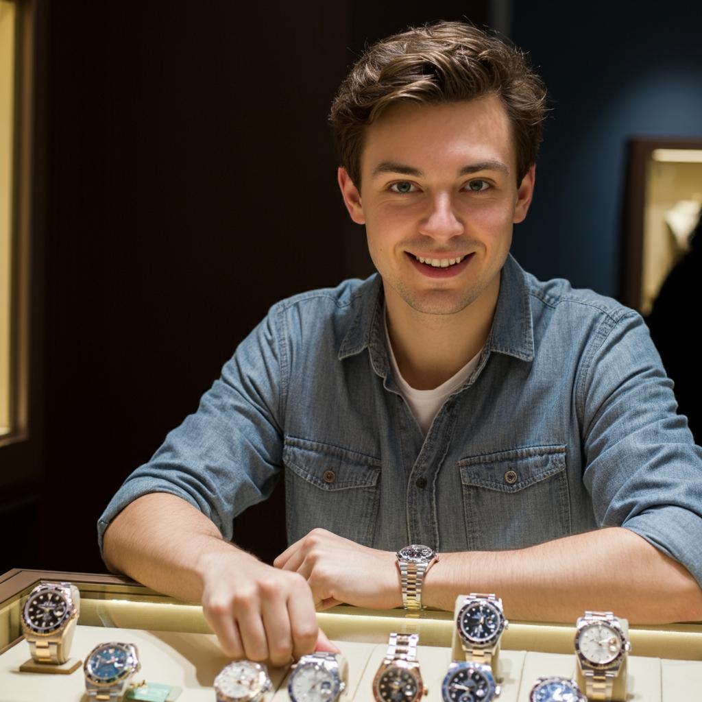 A pre-owned Rolex watch resting in its original box, showcasing the iconic design and craftsmanship.