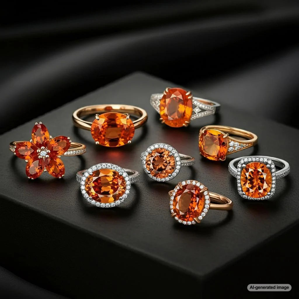 A collection of various orange gemstones including citrine, spessartite garnet, and Mexican fire opal.