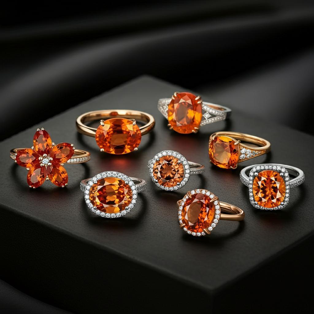 A collection of various orange gemstones including citrine, spessartite garnet, and Mexican fire opal.