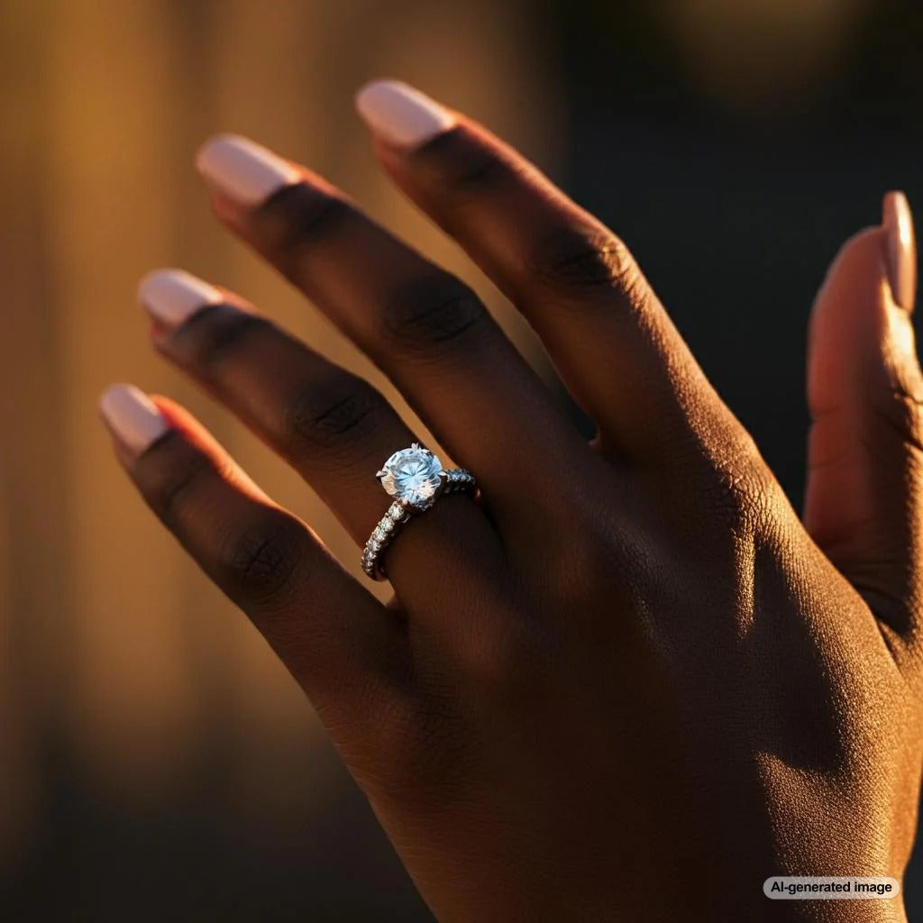 A woman's hand with an engagement ring on the left hand.
