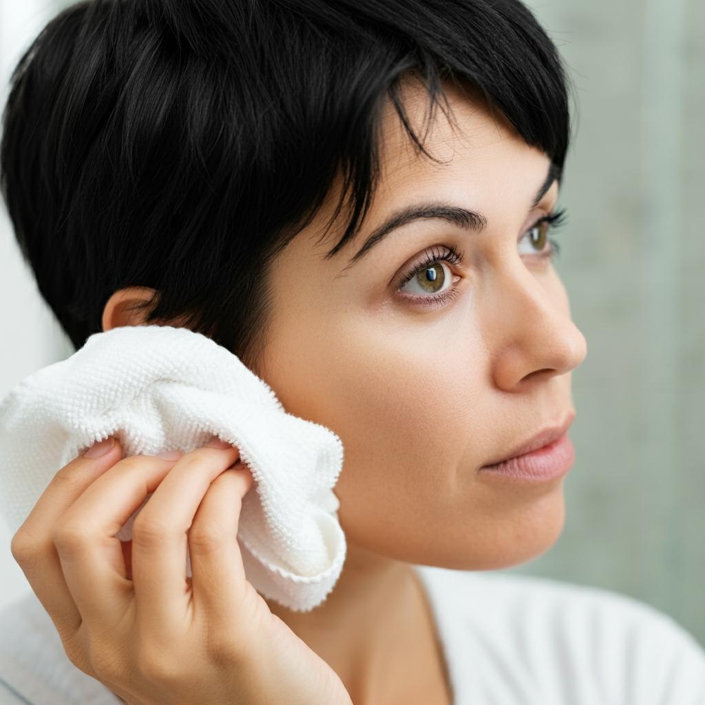 Close-up of an earlobe with a crusty earring hole