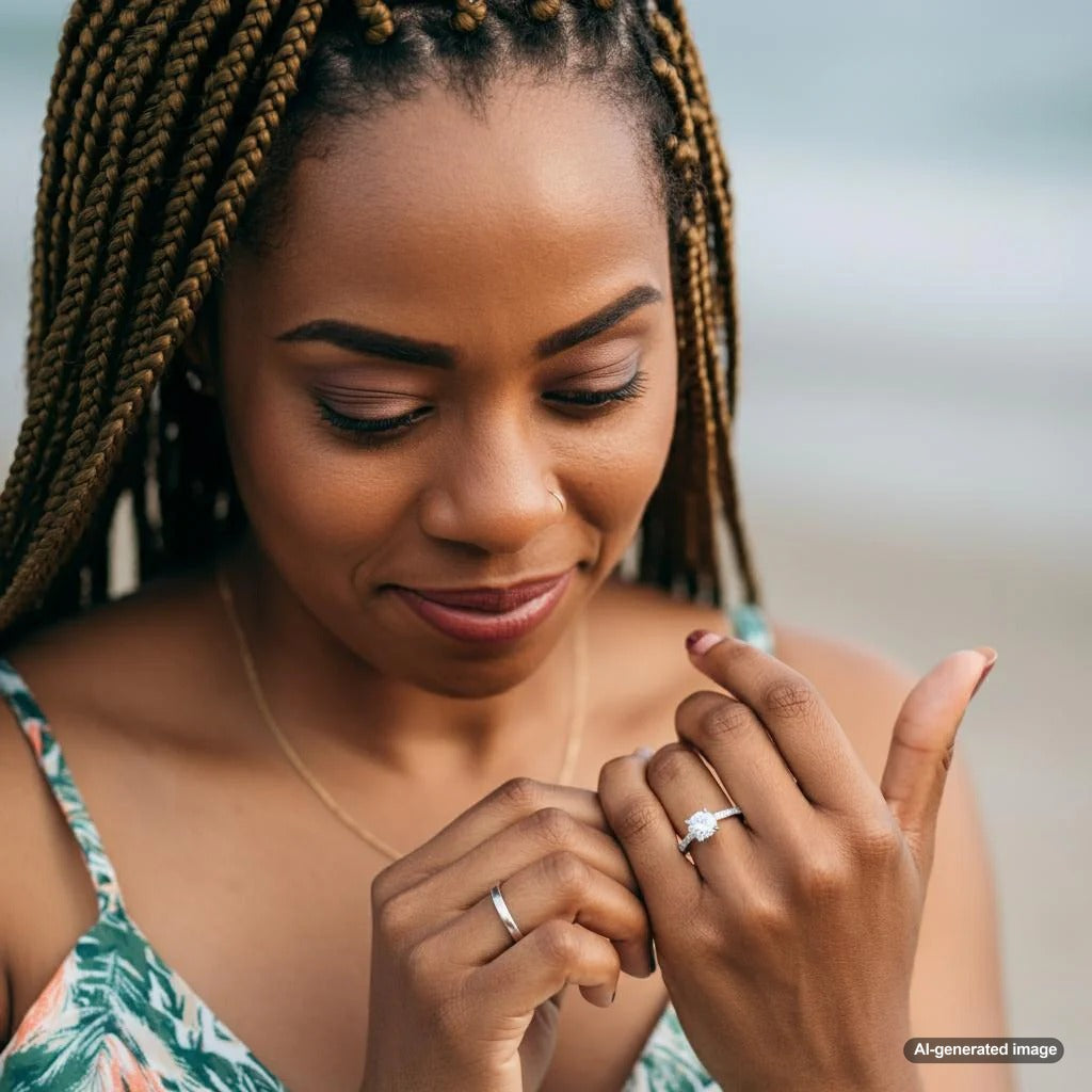 A woman adjusting a spinning ring on her finger