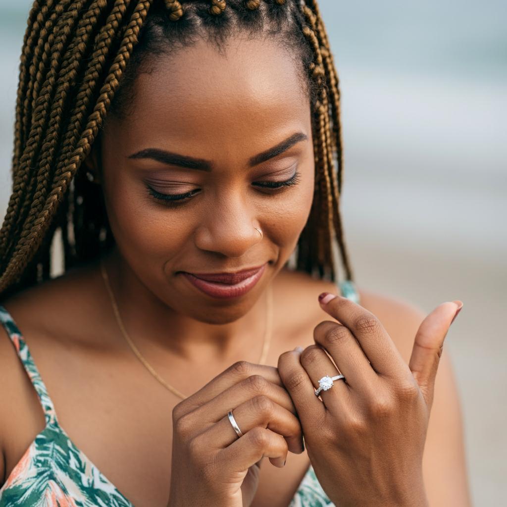 A woman adjusting a spinning ring on her finger