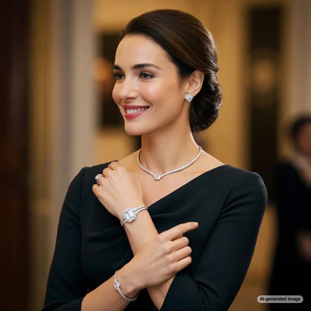 A captivating display of diamond earrings and gold necklaces from Robinson's Jewelers