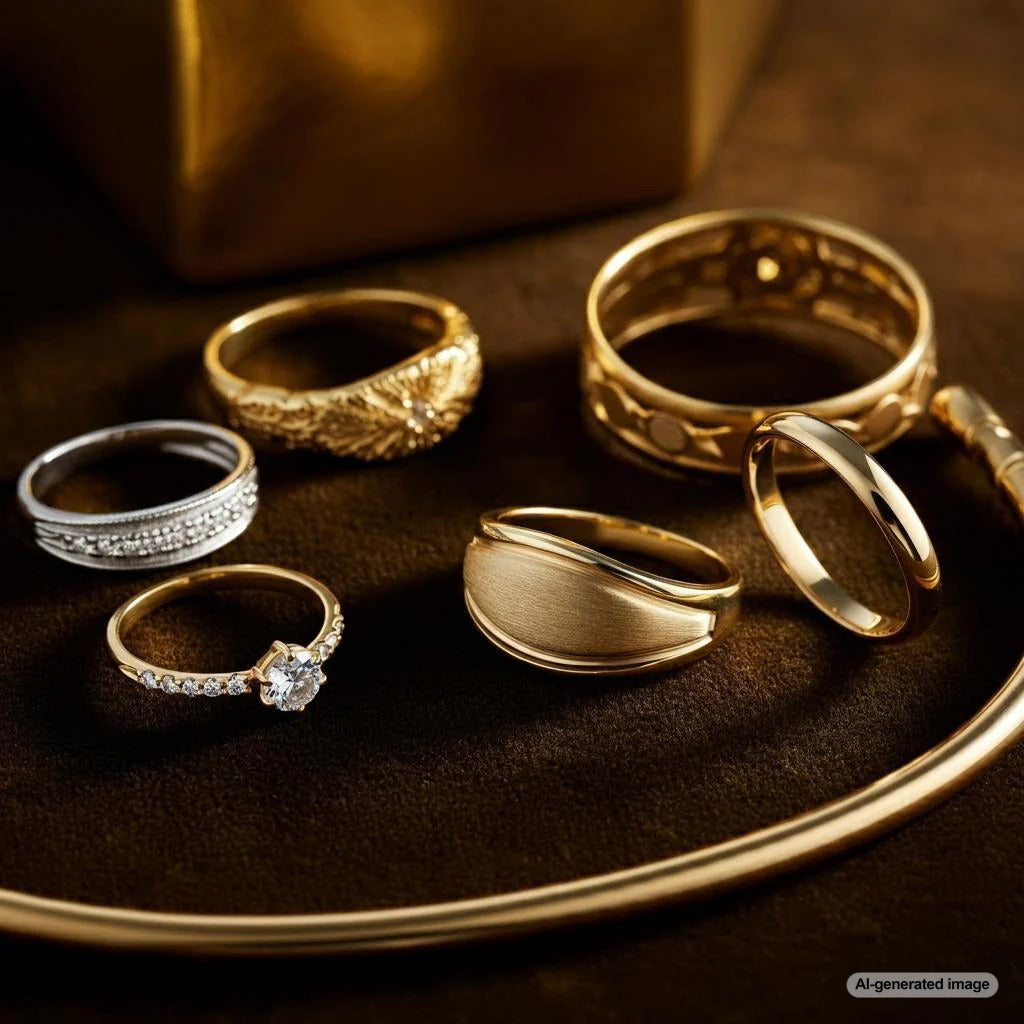 Close-up of 14k gold jewelry pieces showcasing varying shades of yellow