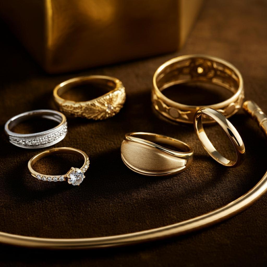 Close-up of 14k gold jewelry pieces showcasing varying shades of yellow