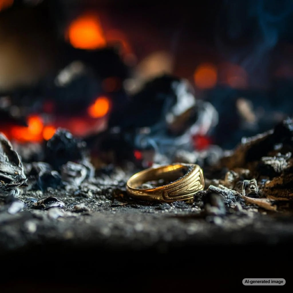 Gold jewelry amidst flames, symbolizing resilience in a house fire