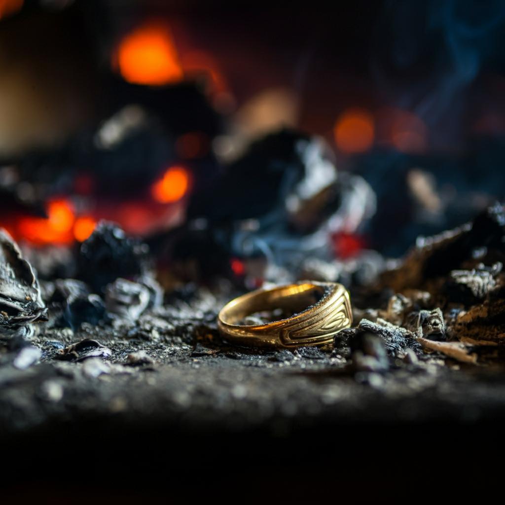 Gold jewelry amidst flames, symbolizing resilience in a house fire