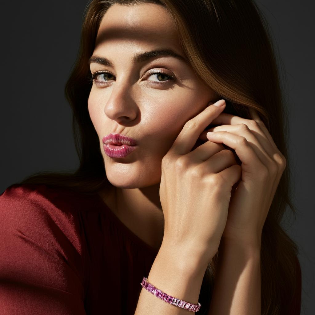 Woman Wearing a Pink Sapphire Bracelet from Robinson's Jewelers