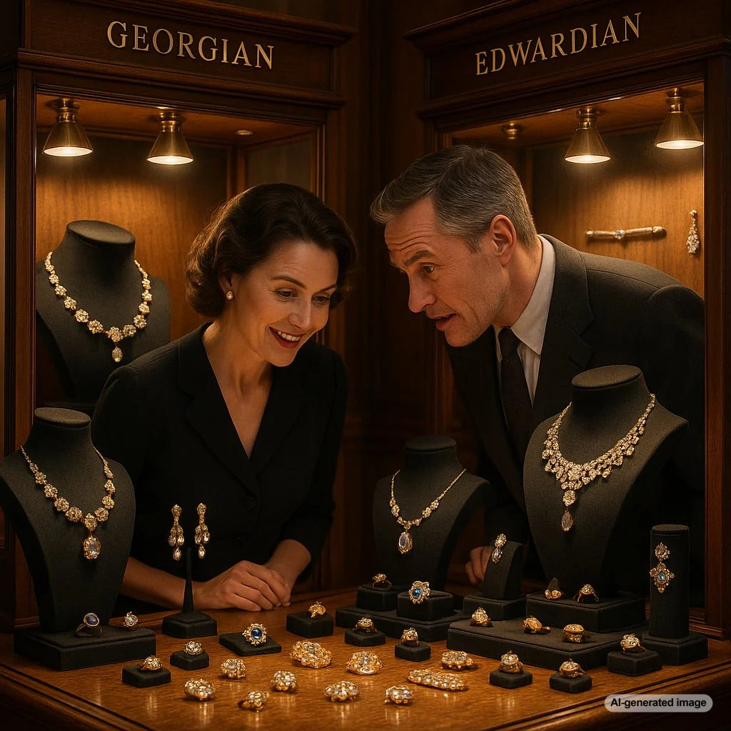 Comparison of intricate Georgian and delicate Edwardian antique diamond rings on a velvet background