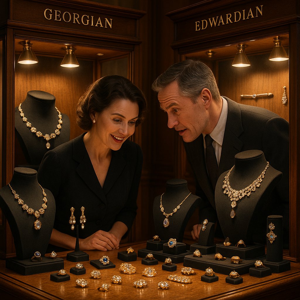 Comparison of intricate Georgian and delicate Edwardian antique diamond rings on a velvet background