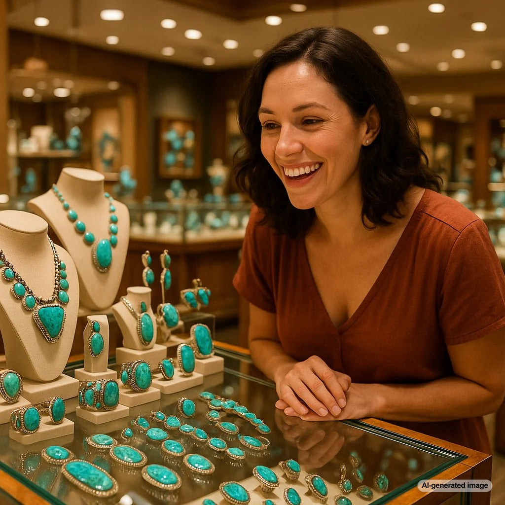 A stunning collection of authentic Native American turquoise jewelry including necklaces, bracelets, and rings on a rustic wooden background