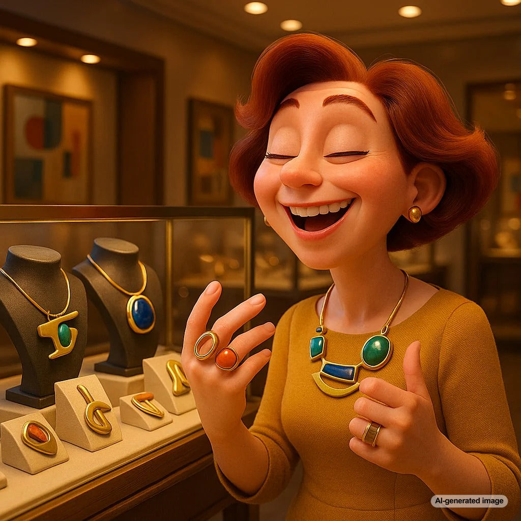 Collection of mid-century modernist jewelry featuring asymmetrical designs and abstract forms including brooches, necklaces, and bracelets