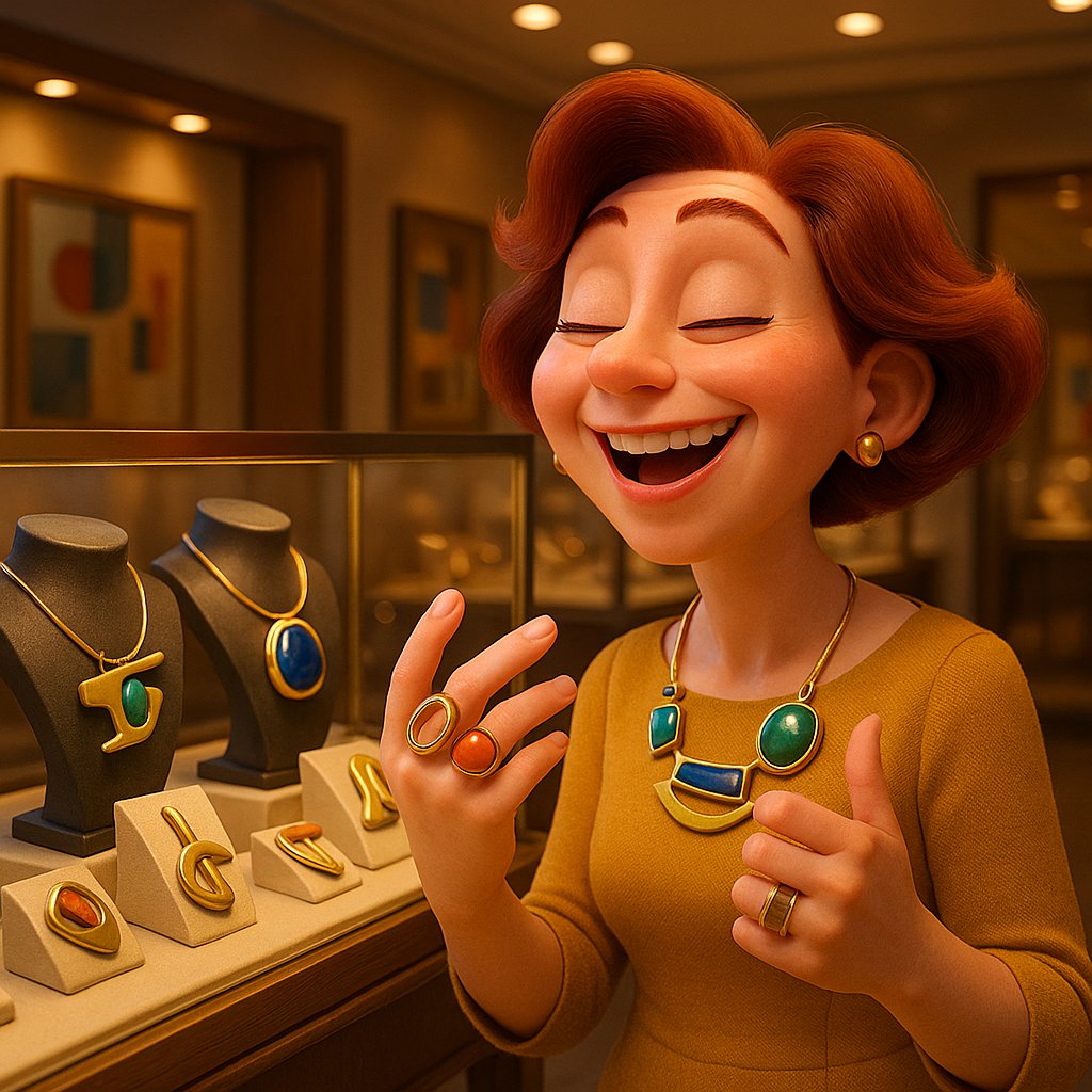 Collection of mid-century modernist jewelry featuring asymmetrical designs and abstract forms including brooches, necklaces, and bracelets