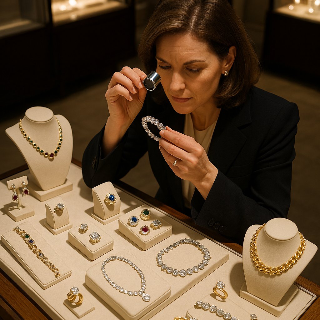 Close-up view of signed jewelry hallmarks and designer signatures on luxury pieces from various jewelry houses