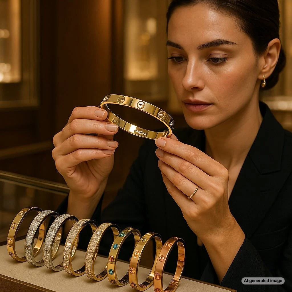 Vintage Cartier Love Bracelet display showing the evolution of the iconic design