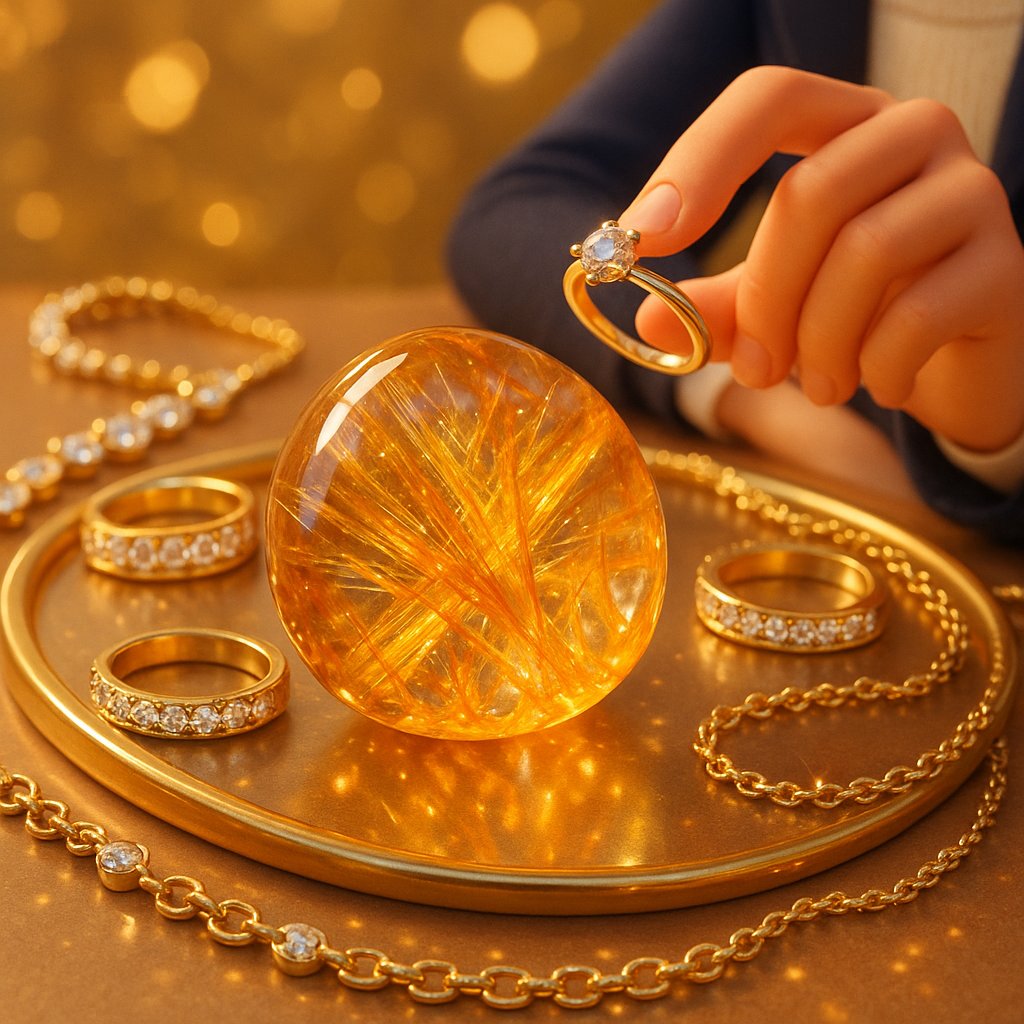 Close-up photo of a stunning rutilated quartz gemstone showing brilliant golden rutile needle inclusions against a clear quartz background.