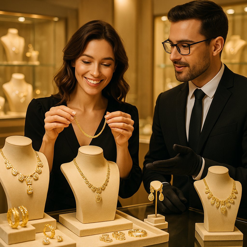 A woman's hands comparing a pile of gold scrap to a beautiful piece of vintage gold jewelry, illustrating the choice between scrap and resale value.