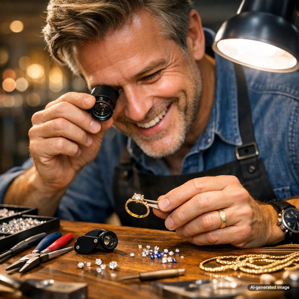 A master jeweler's workbench at Robinson's Jewelers, featuring essential tools like a flex shaft, pliers, and a bench pin during the creation of fine jewelry.