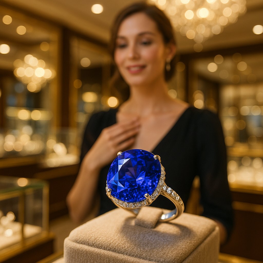 Stunning tanzanite gemstone showing its beautiful blue-violet pleochroic colors in an elegant jewelry setting