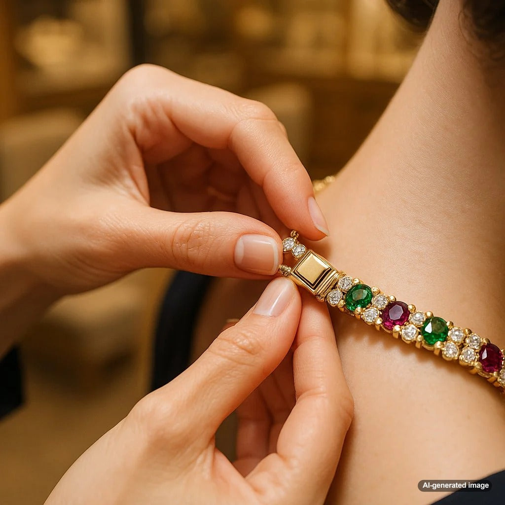 Close-up detail of a secure gold box clasp on a heavy diamond necklace from Robinson's Jewelers collection