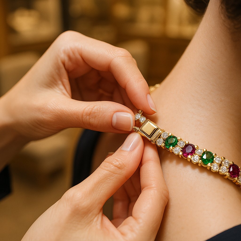 Close-up detail of a secure gold box clasp on a heavy diamond necklace from Robinson's Jewelers collection