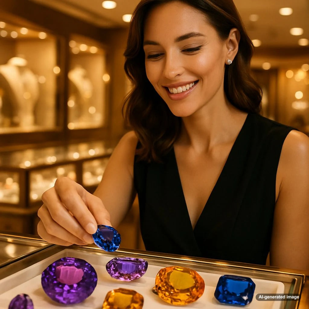 An assortment of beautiful gemstone rings including ruby, emerald, sapphire, and amethyst set in gold and platinum