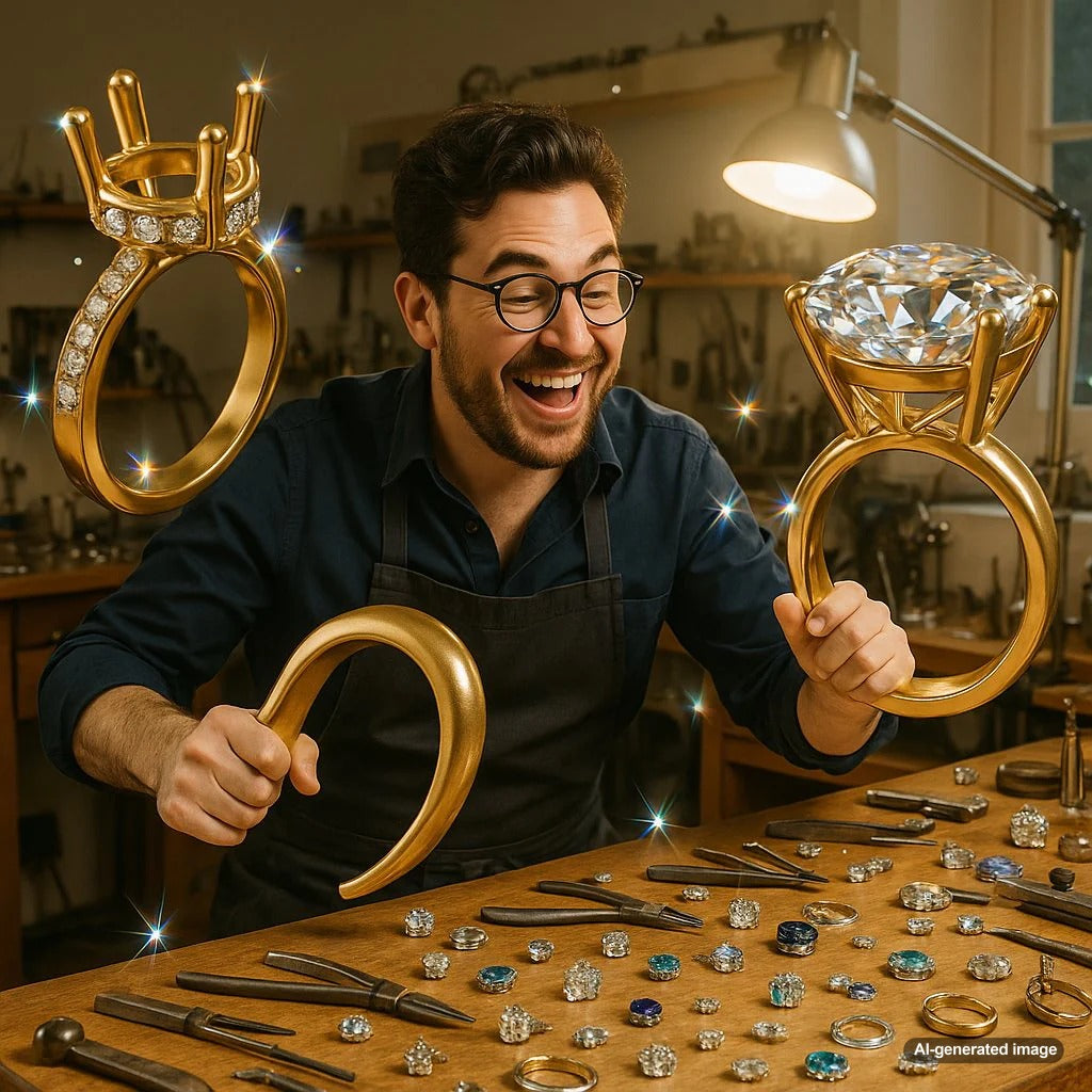 Close-up of a jeweler's hands at a workbench, using tools to set a diamond in a ring, showcasing intricate craftsmanship.