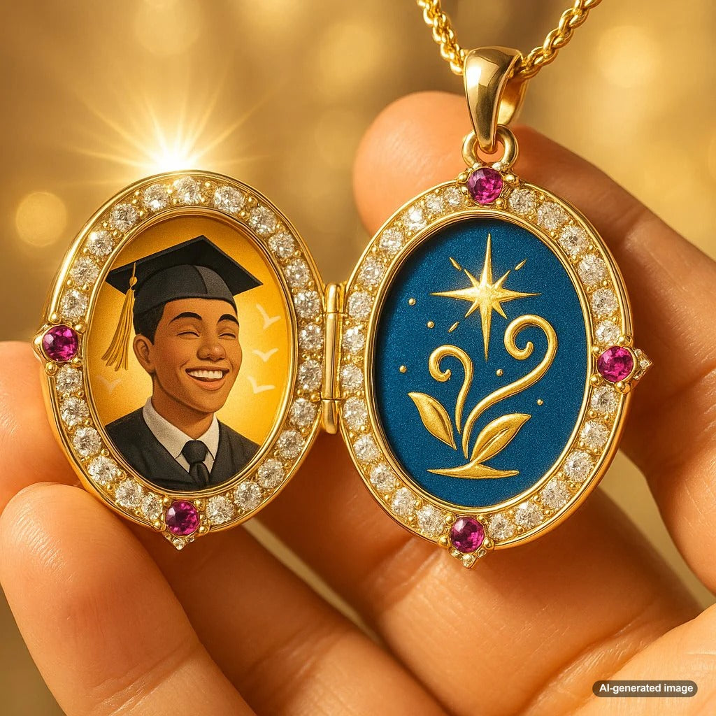 An elegant gold graduation locket open to reveal a tiny inspirational quote on one side and space for a future self photo on the other