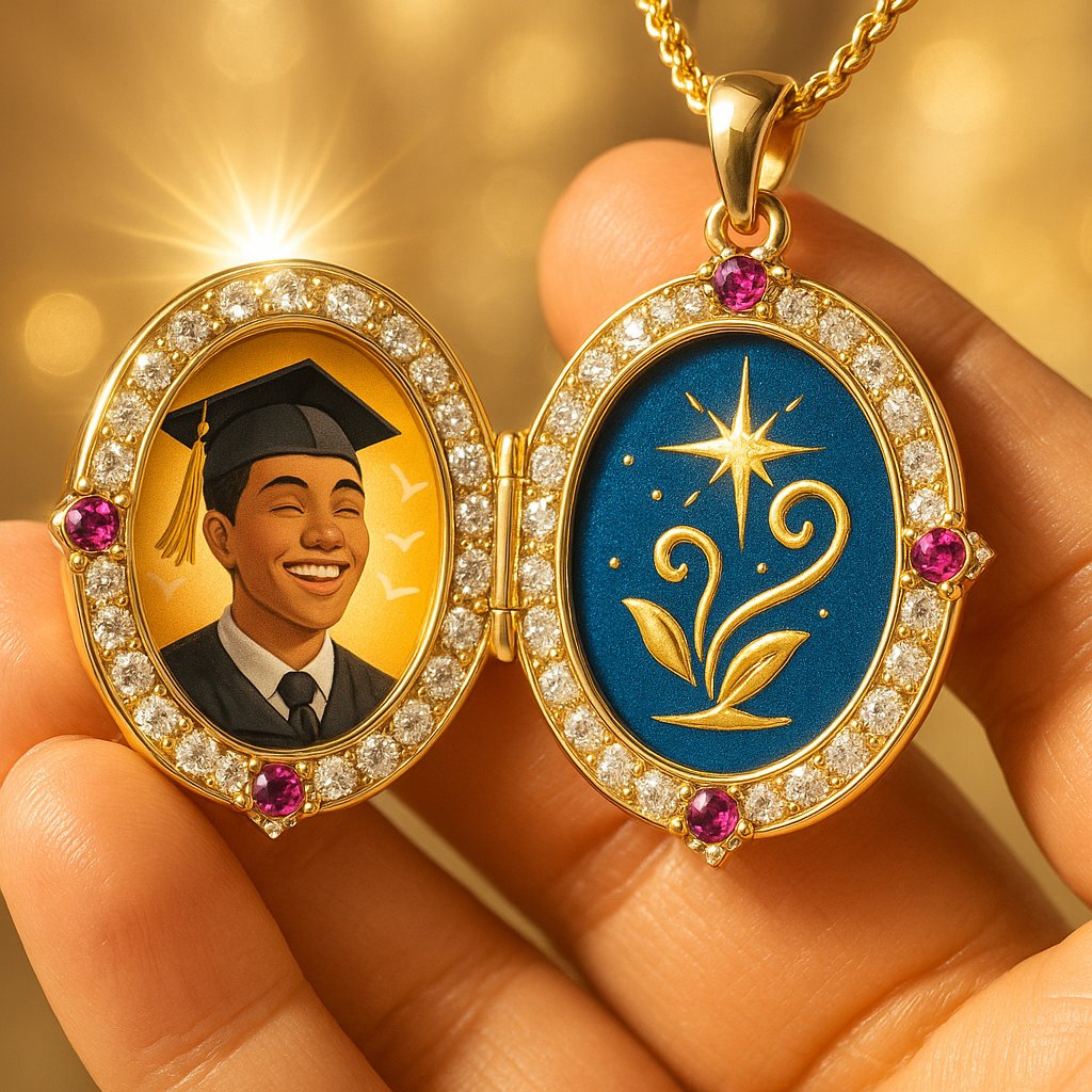 An elegant gold graduation locket open to reveal a tiny inspirational quote on one side and space for a future self photo on the other
